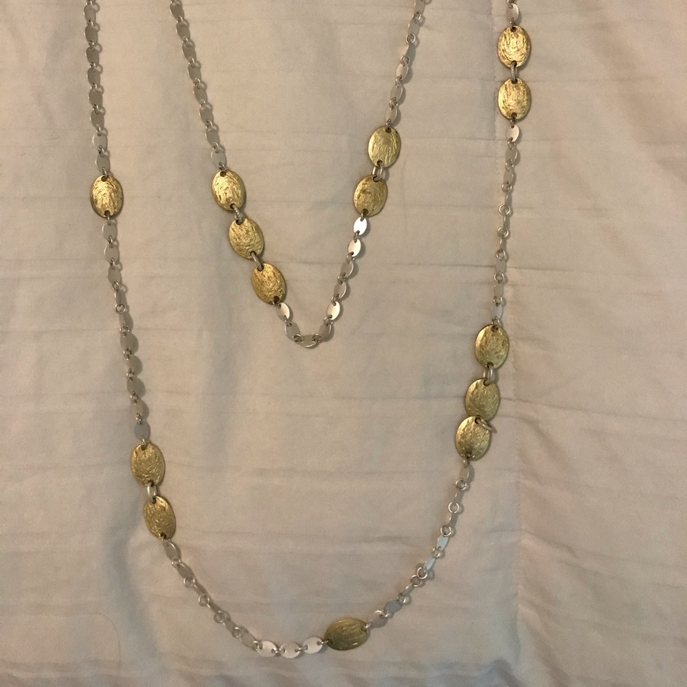Beautiful silver and hammered gold long necklace!
